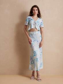 GENKIRA Random Fresh Flower Print Lace-Up Sexy High Waist Ruffle Hem Short Sleeve Long Dress Set - Multicolor - View 5