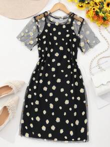 Conjunto de vestido de malla con estampado de margaritas y vestido de tirantes finos de moda para adolescente