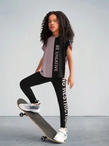 SHEIN Conjunto de dos piezas para niña preadolescente compuesto por camiseta de manga corta tejida con bloque de color y letra impresa y pantalones largos deportivos para el ocio - Púrpura polvoriento - Ver 6