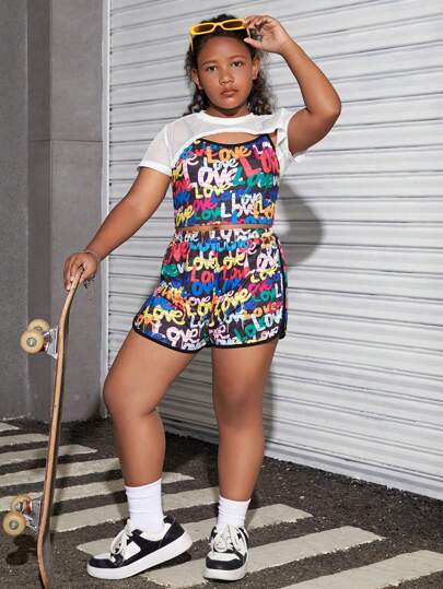 SHEIN Set mit 3 Stücke Tween Mädchen Kleidung in erweiterter Größe, energiegeladener lockerer Strick Mesh Kurzarm Top mit Trägerhemd und Shorts für den Lässig urlaub