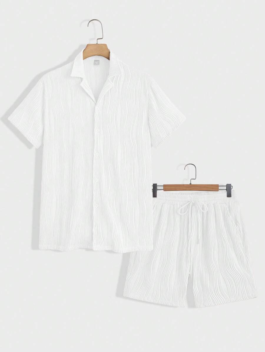 Manfinity Homme Men's Solid Color Single-Breasted Short Sleeve Top And Drawstring Waist Shorts Casual Set, Summer - White - View 1