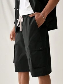 SWAVVY Men's Summer Solid Color Workwear Woven Casual Shirt & Shorts Set With Pockets