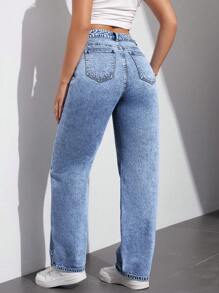 SHEIN EZwear Women's Solid Color Simple Daily Jeans - Blue - View 2