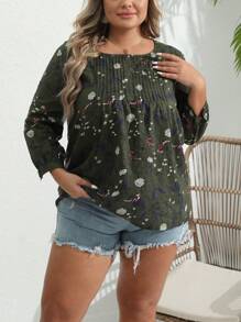 Blusa de talla grande con estampado floral en estilo retro para mujeres - Verde - Ver 2