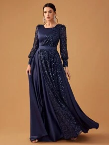 YISIKADO 女士亮片撞色缎面正式晚礼服优雅舞会礼服圆领长袖端庄长裙婚礼宾客晚宴毕业