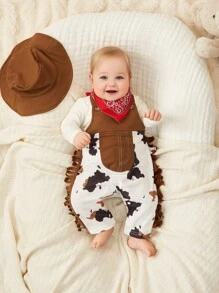 SHEIN Newborn Baby Boy/Girl Persoplay 3-Piece Western Cow Printed Romper Set With Suspenders And Brown Suede Cowboy Hat, Paired With Peru Geometric Printed Scarf, Exuding Wildness And Cuteness - Multicolor - View 4