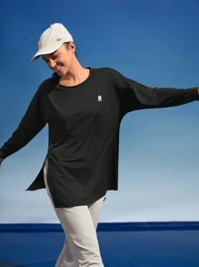 In My Nature Ladies' Solid Color Round Neck Split Hem Long Sleeve Outdoor T-Shirt Plain T Shirt Hiking Women Clothes