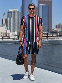 Manfinity Homme Men Striped Print Tee & Shorts - Multicolor - View 2
