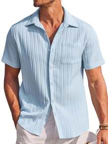 Simple Style Pocketed Men's Casual Short Sleeve Shirt - Blue - View 1