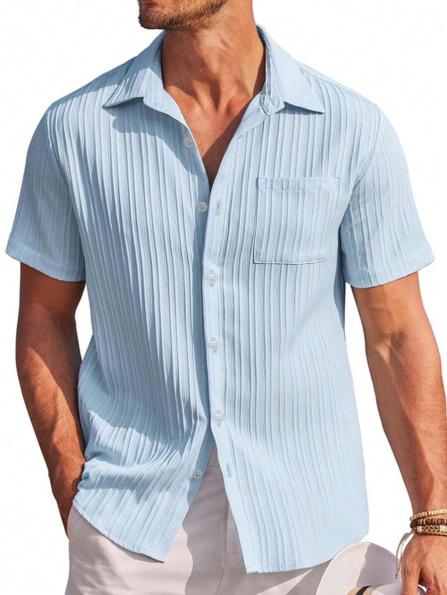Simple Style Pocketed Men's Casual Short Sleeve Shirt - Blue - View 1