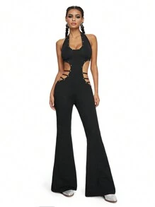 ROMWE Avant Star Rivet Waist Halter Backless Jumpsuit, Rave Festival - Black - View 1