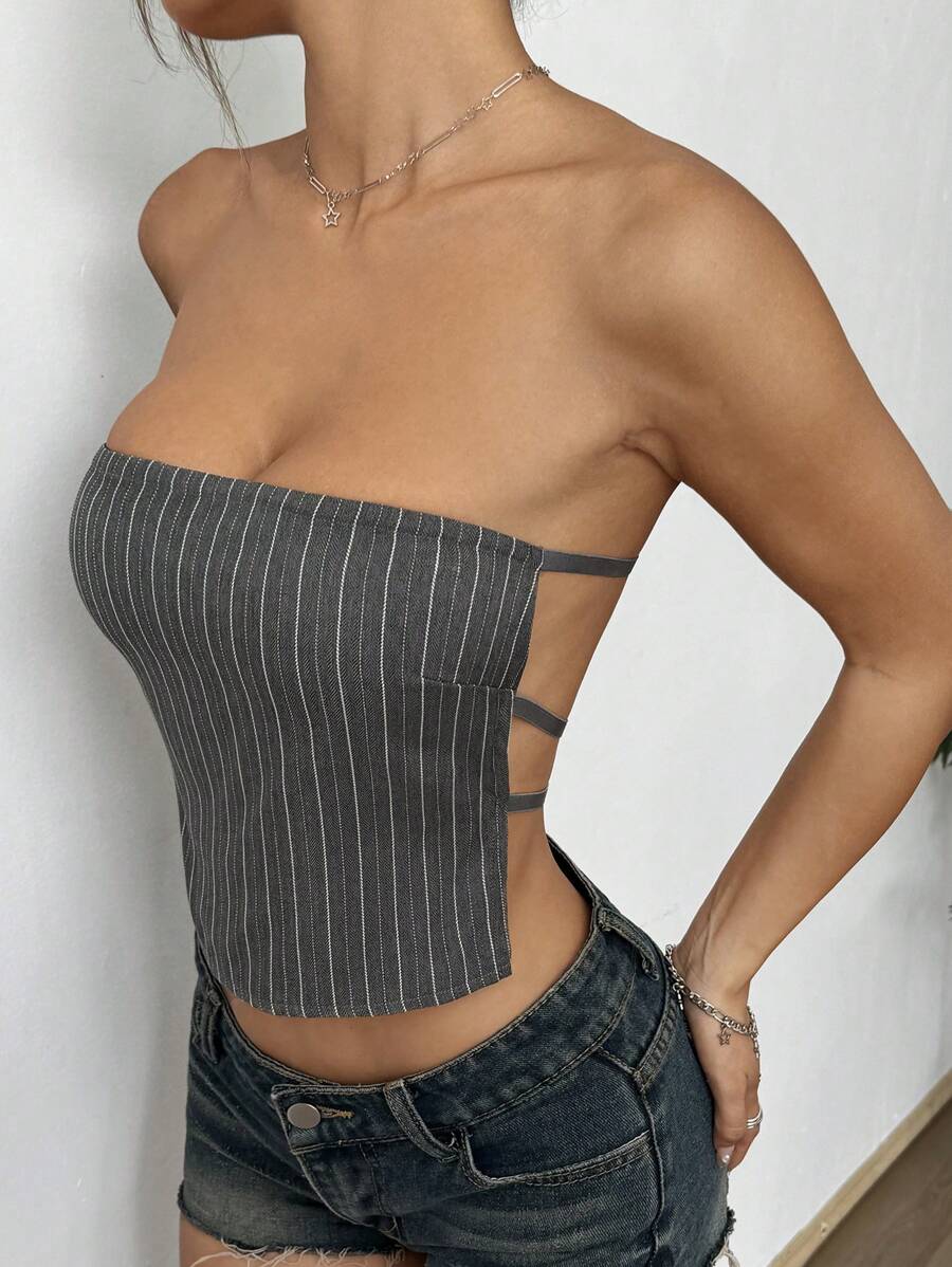 SHEIN Unity Women Striped Print Backless Tube Top Strapless Top - Grey - View 1