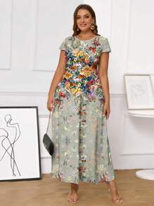 SHEIN Clasi Plus Size Allover In Hình Mùa Hè Cổ Tròn Tay Ngắn Váy Nữ - Màu xanh Bạc hà - Xem 4