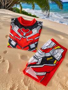 SHEIN Bộ đồ mùa hè cho trẻ em, Bộ đồ bơi tay ngắn cổ tròn họa tiết Mecha vui nhộn & tiện dụng cho bé trai, Kiểu dáng thoải mái và dễ thương, Thích hợp cho du lịch và chụp ảnh - Nhiều màu - Xem 8