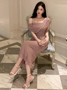 Joudiya Vestido midi de manga corta con cuello asimétrico de unicolor para mujer, vestido de cóctel elegante para el Día de San Valentín