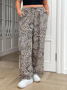 SHEIN EZwear Plus Size Women's Leopard Print Wide Leg Woven Fabric Casual Daily Commute Fashionable High Waisted Loose Pants With Pockets - Multicolor - View 5