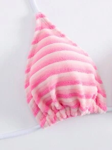 SHEIN Swim 女式條紋露背領帶性感比基尼套裝，適用於夏季沙灘 - 粉色 - 查看 4