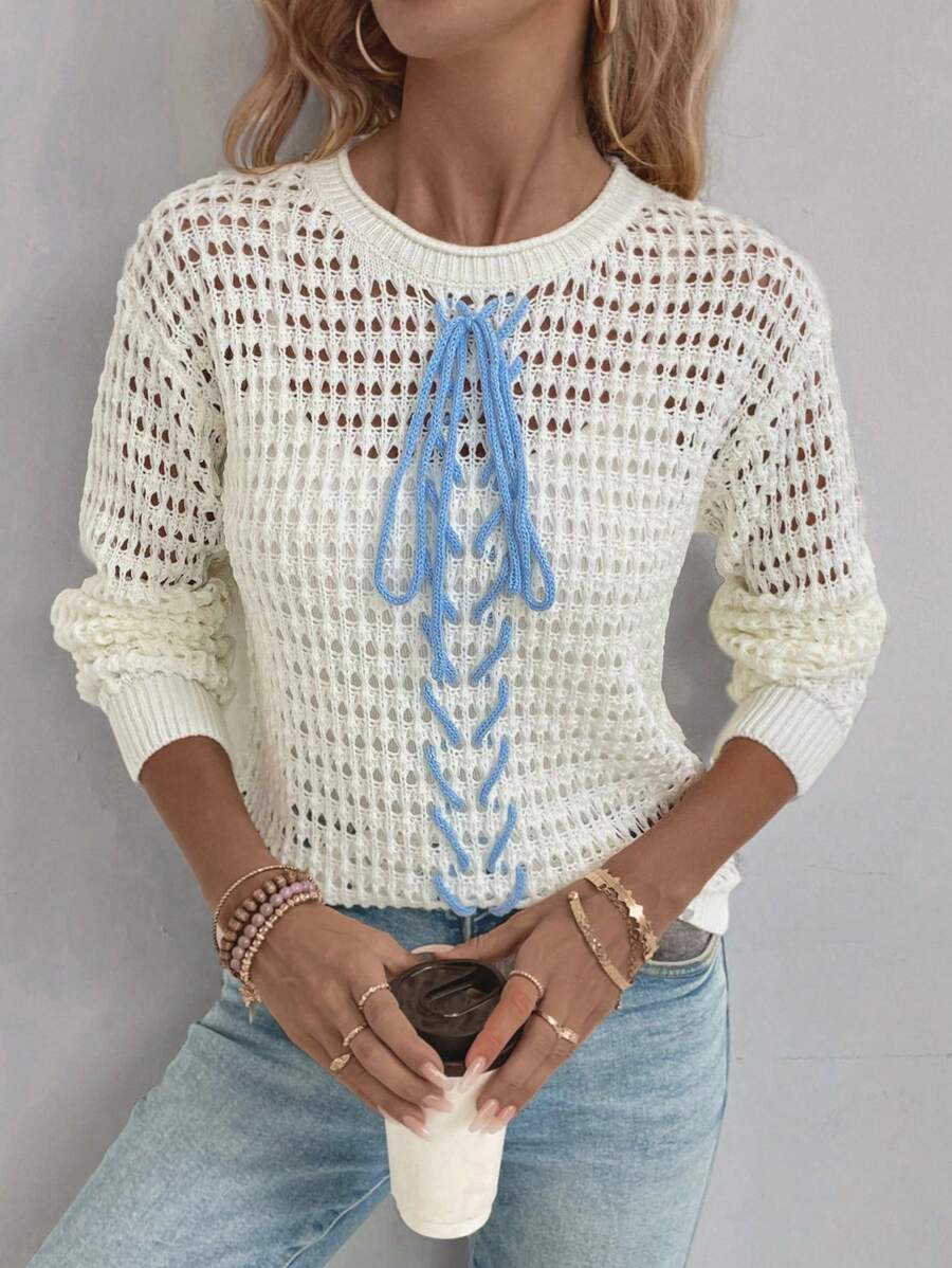 SHEIN LUNE Áo len dệt kim kiểu pointelle, buộc dây phía trước, vai rớt, thích hợp mặc mùa thu đông. - trắng - Xem 1