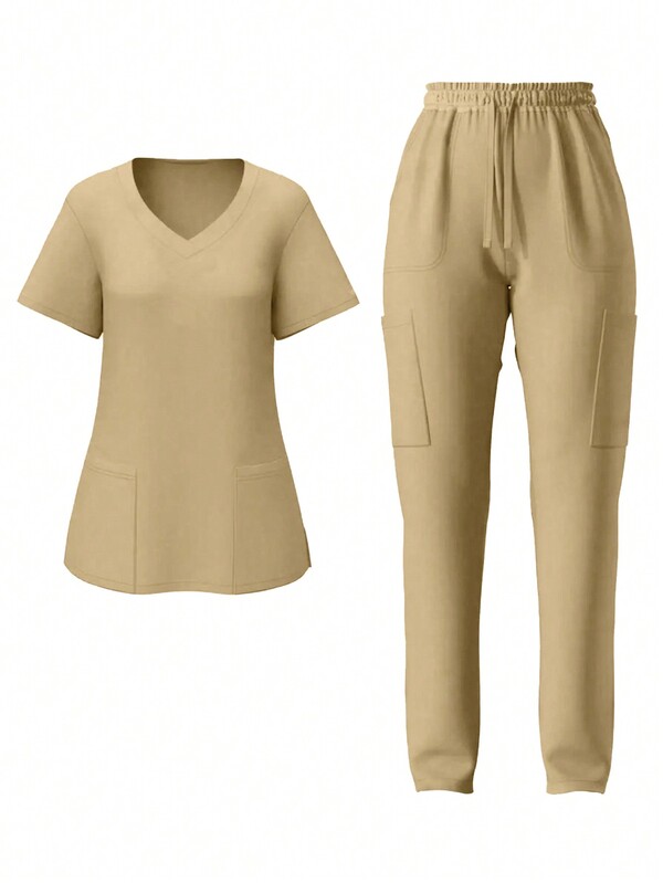 2Pcs /Nursing Scrub Uniform Set: Solid V-Neck Short Sleeve Top And Pants