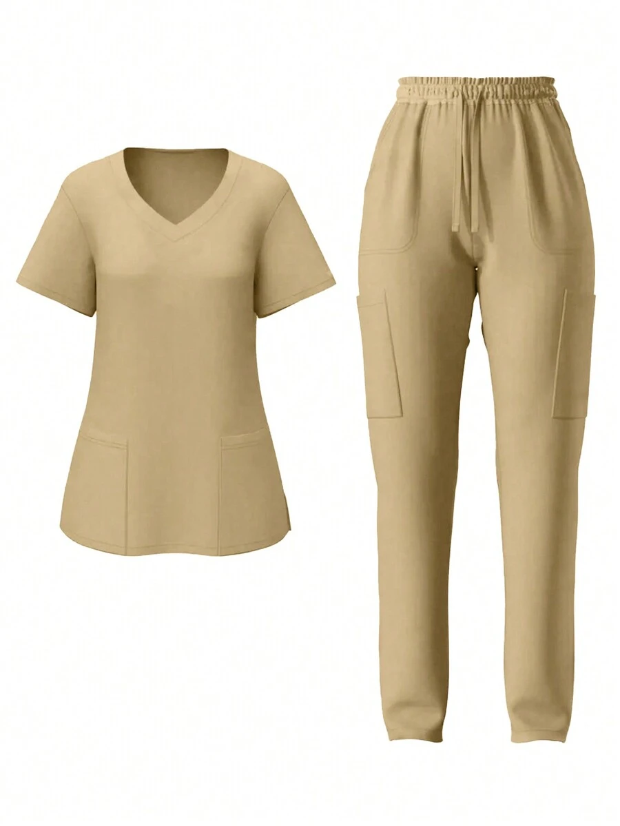 2Pcs /Nursing Scrub Uniform Set: Solid V-Neck Short Sleeve Top And Pants