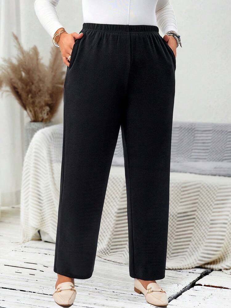 Plus Size Women's Casual Daily Black Long Pants With Pockets,Spring/Summer/Vacation