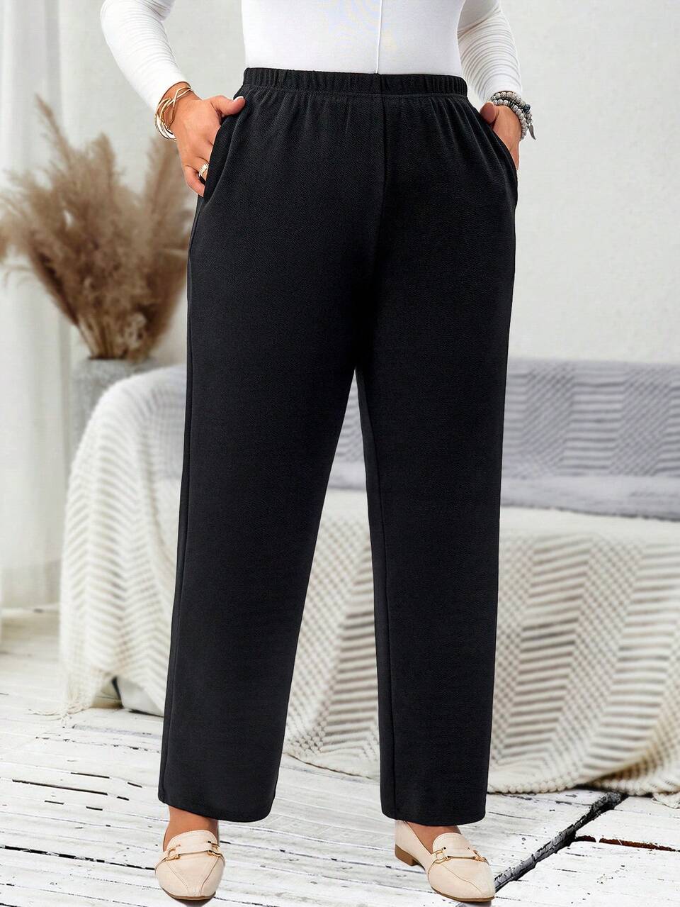 Plus Size Women's Casual Daily Black Long Pants With Pockets,Spring/Summer/Vacation
