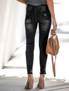 Quần jean nữ dáng ôm, cài cúc đơn, xẻ tà cao, phong cách vintage, màu đen, thích hợp cho mùa xuân. - màu đen - Xem 2