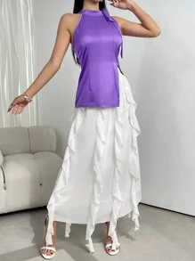 Modelyn Conjunto de 2 piezas con top de hombros anudados y dobladillo asimétrico, y falda con ribete de volantes - Morado - Ver 3