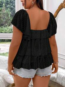 SHEIN MOOSTA 大码编织休闲可爱衬衫荷叶边上衣 - 黑色 - 查看 2