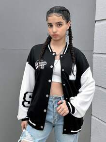 SHEIN Teen Girl Letter Graphic Two Tone Drop Shoulder Varsity Jacket,In Fall/Winter - Black and White - View 9