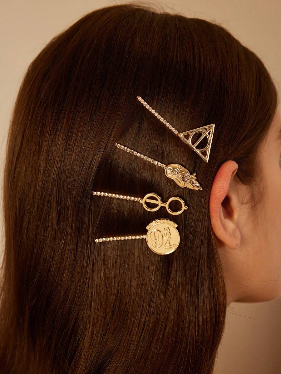 HARRY POTTER X SHEIN 4 Pcs Golden Geometric Pattern Fashion Hair Clips,Back To School - Gold - View 1