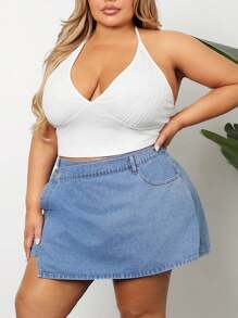 SHEIN CURVE+ Plus Size Loose Denim Shorts With Skirt Overlay, Blue - Blue - View 3