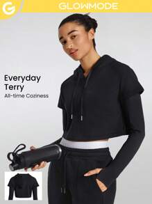 GLOWMODE Everyday Terry 2-In-1 Drawstring Long Sleeve Cropped Hoodie Sweatshirt With Thumbhole - Black - View 1