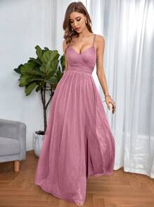 UNITHORSE Lace Up Criss Cross Split Thigh Mesh Bridesmaid Dress Elegant Formal Evening Prom Wedding Guest Gown, For Graduation, Dinner Party Dress, Bride Dress, Birthday Women Outfits, Graduation Dress, Formal Dress, School Clothes - 藕粉色 - 查看 5