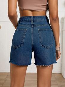 Slant Pocket Raw Hem Denim Shorts - Dark Wash - View 2