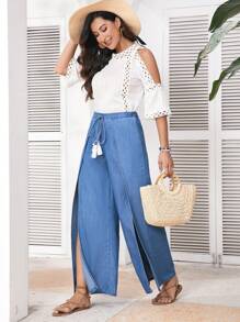 SHEIN VCAY Women's Blue Wide-Leg Denim Pants, Casual & Comfy For Vacation