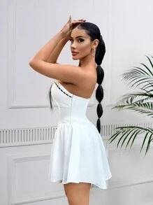 SHEIN SXY Ladies' Color-Block Strapless Asymmetrical Hem Jumpsuit With Wireless Design For Summer - White - View 5