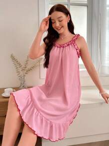Vestido de pijama con camiseta de tirantes de color block y dobladillo con volantes con borde de seta - Rosa - Ver 6