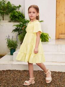 女童纯色编织荷叶边松紧腰 A 字形连衣裙，配有松紧袖口，适合休闲外出和夏季度假 - 母女配套服装（3 件单独出售） - 芥末黃 - 查看 1