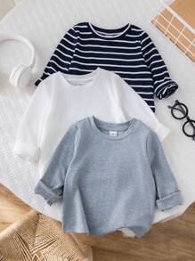 Loomiva Infant 3pcs Set Black White Striped & Solid Color Crew Neck Long Sleeve Sweatshirt Tops, Soft, Comfortable, Versatile For Home & Outdoor Wear, Spring Autumn - Multicolor - View 9