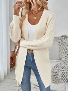 SHEIN LUNE Casual Women's Front Open Twist-Front Long Cardigan With Cable Sleeves - Apricot - View 4