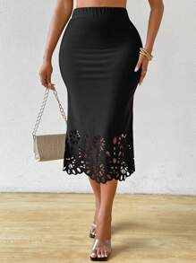 Chiquease Falda con dobladillo de sirena recortada con láser - Negro - Ver 6