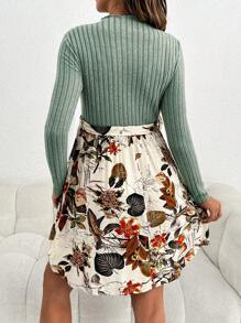SHEIN Maternity Long Sleeve Daily Casual Rib Knit Plant Print Dress - Army Green - View 2