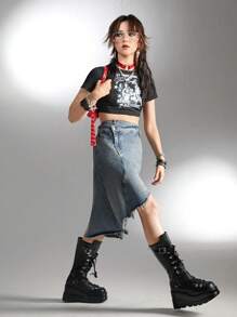 SHEIN Explorewe Teenage Girls' Y2K Asymmetrical Skirt - Light Wash - View 4