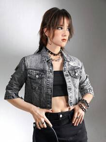SHEIN Explorewe Teen Girl Black & Grey Distressed Casual Everyday Versatile Denim Jacket - Grey - View 5