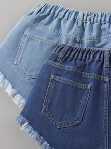 Teen Girl Summer Casual Fringe Hem Washed Denim Shorts With Elastic Waistband