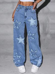 SHEIN ICON Jeans rectos bordados lavados, ropa diaria de moda - Azul lavado medio - Ver 3