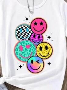 SHEIN Sparklyn Tween Girl Cool Graffiti Pattern T-Shirt With Smiling Faces, Street Style - White - View 3