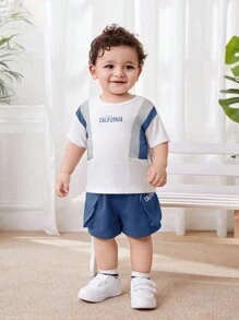 SHEIN Baby Jungen Lässig Set aus Rundhals-Farbblock Kurzarm T-Shirt mit Buchstaben Muster und Shorts