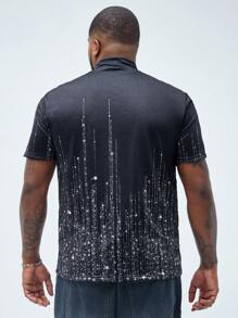 Manfinity VCAY Men's Plus Size Slim Fit Knitted Short Sleeve T-Shirt With Glittery Star Printed Pattern And Turtleneck Collar, Suitable For Summer